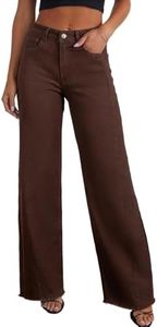 Sidefeel Women's Wide Leg Jeans High Waisted Stretchy Fashion Clothing Denim Pants Size 14 Coffee