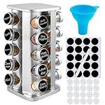 DEFWAY Revolving Spice Rack Organizer - Stainless Steel Spice Tower with 20 Glass Jars, Rotating Standing Cabinet Seasoning Rack for Kitchen (20 Square)