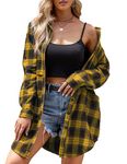 Hotouch Plus Size Flannel Shirt for Women Roll Up Long Sleeve Collared Button Down Plaid Shirt Oversized Flannels Yellow and Black XX-Large