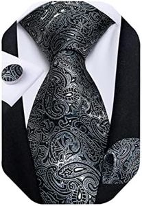 DiBanGu Men's Silk Tie and Pocket Square Woven Formal Tie Cufflink Set Solid Neckties (Black Grey)