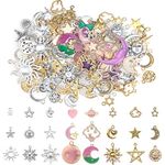 BetterJonny 130pcs Jewelry Charms, Star Moon and Sun Charms Pendant Fitting Enamel Charms for Jewelry Making Gold Silver and Purple…