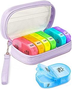 AMOOS Cute Pill Organizer 2 Times a Day, PU Leather Pill Case for Women, Portable Weekly Pill Box for Purse with Storage Bag to Hold Vitamins, Medications, Fish Oils, Supplements (Purple)