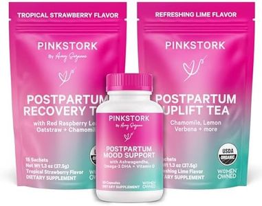 Pink Stork Postpartum Essentials for Hormone Balance, Recovery, and Mood Support for Women - Postnatal Vitamins with Ashwagandha, Raspberry Leaf Tea, and Chamomile Tea - Gifts for New Mom - Set of 3