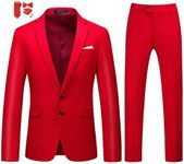 MOGU Mens Slim Fit Suit 2 Piece Tuxedo for Daily Business Wedding Party (Suit Jacket + Pants) US Size 42 Red