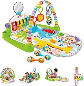 Fisher-Price Baby Playmat Deluxe Kick & Play Piano Gym, Green Musical Learning Toy with 2 Rattle Maracas for Developmental Play Newborns 0+ Months