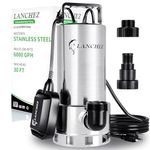 Lanchez 1.6 HP 6000GPH Sump Pump, Automatic Submersible Water Pump with Float Switch, Transfer Water Pump for Swimming Pool Basement Flooded Pit Sewage Sink Tub with 16ft Power Cord, Silver