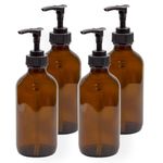 Cornucopia 8oz Glass Pump Bottles (4-Pack, Amber Brown), Lotion Soap Dispensers w/Black Plastic Pumps