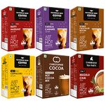 Colombian Brew Coffee Premix Cappuccino, Hazelnut, Vanilla Caramel, Double Choco Mocha, Cambridge Tea Party Masala Chai Premix, Christopher Cocoa Hot Cocoa Mix 10 3 in 1 Instant Premix Sachets Box x 6