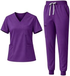 Eadflie Scrubs for Women Set - 8-Pocket V-Neck Scrub Uniform, Stretch Jogger Pants, Medical Workwear for Nurses, Pet Care (Deep Purple/S)