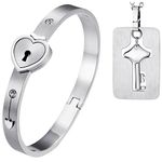 2pcs His and Hers Love Heart Lock Macthing Bangle Bracelet Tag Pendat Necklace for Valentines Day Gifts