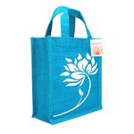 INDOZY Jute Bag for Lunch Tiffin & Gifting | for Men Women Girl boy Kid Office Daily use Handbag | with Zip & 2 Inside Pockets for Spoon/Fork/Tissue/Mobile & Water Bottle (Turquoise Lotus)