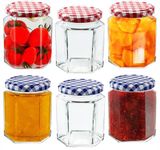 Jam Jars with Lids Hexagonal Glass Jars with Red Lid and Blue Lid| 280ml Mason Jars Airtight Twist Off Lid | Perfect for Jam packing Pickle Spices- Pack 6