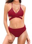 SHEKINI Women Push Up Bikini Wrap Halter Bandage Swimwear Ruched 2 Piece Swimsuit (Medium/(US 8-10), Wine Red)