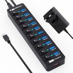 USB Hub Powered 3.0,VEMONT 10 Ports Multi USB 3 Hub and 1 USB Smart Charging Port with 12V/3A Power Adapter,USB Splitter with Individual On/Off Switch and 3.9ft/1.2m Long Extension Cable for PC/Laptop