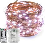 Erchen Battery Operated LED String Lights, Dimmable 33 FT 100 LED Ultra Thin Waterproof 8 Modes Timer Copper Wire Fairy Lights with 13 Key Remote Control for Indoor Outdoor Christmas Party (White)