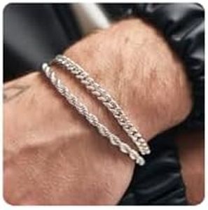 RANKEEF Mens Sterling Silver Bracelet - Mens Chain Bracelet Cuban Link Bracelet for Men Figaro Bracelets for Men Silver Bracelet for Men 2pcs Men's Bracelets Set