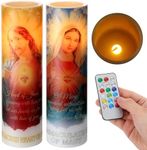 Landhoow 2 Pcs Religious Flameless LED Prayer Candle Real Wax Baptism Candle Set Immaculate Heart of Mary and Sacred Heart of Jesus Battery Operated Candles with Remote Control