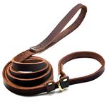 Wellbro Rolled Real Leather Slip Lead Dog Leash, Soft Adjustable Pet Slip Leads with Slider, Heavy Duty Flat Dog Training Leash for Medium and Large Dogs, 6ft Long by 0.7 Inch Wide, Brown