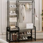 Hzuaneri Hall Tree, Coat Rack with 3-Tier Storage Bench and 1 Drawer, 5-in-1 Entryway Bench with 17 Hooks, 1 Hanging Rod, 4-Tier Side Shelves, Greige HT03505B