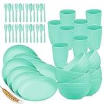 48pc Wheat Straw Dinnerware Sets for 4 Lightweight & Unbreakable Dishes Microwave & Dishwasher Safe Perfect for Camping, Picnic, RV, Dorm Plates, Cups and Bowls (Green, 48pc Set)