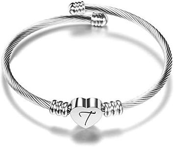 VQYSKO Bracelet Initiale Lettre A-Z Femme Fille Gravure Personnalisé 316L Acier Inoxydable 5 Coloris Bracelet Câble Bijoux (Argent-T)