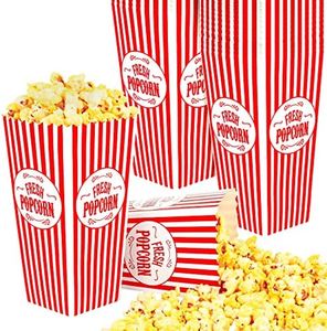 [25 Pack] Movie Theater Popcorn Boxes Disposable Red & White Striped - 46 oz Capacity - Vintage Snack Box Concession and Carnival Party Supplies, Individual Popcorn Bucket Containers