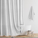 BESBESME Boho Farmhouse Shower Curtain Set with Hooks, Striped Linen Heavy Duty Fabric Shower Curtain for Bathroom, Water Repellent Rustic Vintage Country Shower Curtain with Tassels, Grey, 72"x84"