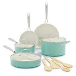 GreenLife Artisan Healthy Ceramic Nonstick, 12 Piece Cookware Pots and Pans Set, Stainless Steel Handle, PFAS-Free, Dishwasher Safe, Oven Safe, Turquoise