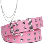 FIORETTO Grommet Leather Belt with Detachable Chain Women Men Punk Rock Waist Belts for Jeans Pants Double Hole Pink