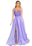 N.L.B Women's Spaghetti Straps Prom Dresses V Neck Sequin Satin Formal Evening Party Ball Gowns, Lavender, 18 Plus