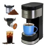 Kenmore Single Serve Coffee Maker With Stainless Steel Travel Mug, Capsule/Pod & Ground Coffee Brewing, K Cup Compatible, Hot & Iced Coffee Machine, 6 to 14 Oz Brew Sizes, Auto Shut-Off, Black
