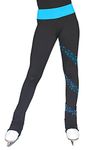 ChloeNoel PS96 3" Supplex Black/Color Waist Band Figure Skating Pants with Crystals Spiral (Turquoise, Child Extra Small)