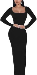 Doweha Women's Square Neck Long Sleeve Maxi Dress Sexy Knit Bodycon Long Dress for Women, A-Black-Long Sleeve, Medium