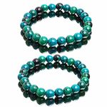 2Pcs Diabetes Relief Chrysocolla Bracelet,8mm Natural Chrysocolla Stone Crystal Energy Beaded Bracelets Gemstone for Women Men,Handcrafted Round Beaded Bracelet,Blood Sugar Control Bracelet Jewelry