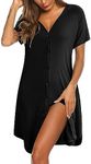 Ekouaer Women's Button Down Nightgown Short Sleeve Sleepshirt V Neck Night Shirt Soft Pajamas Dress with Pockets Black X-Large