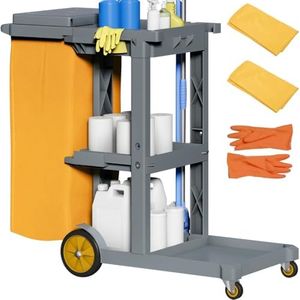 YITAHOME Janitorial Cart, Cleaning Carts on Wheels, 3-Shelf Commercial Traditional Plastic Housekeeping Cart, with 2 Yellow 25 Gallon Vinyl Bag and Pair of Rubber Gloves, Gray