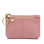 Women Genuine Leather Zip Mini Coin Purse with Key Ring Triple Zipper Card Holder Wallet (Pink)