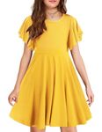 Arshiner Girls Dress Butterfly Sleeve Stretch A-Line Swing Skater Twirl School Dress with Pockets A Yellow Tween 9-10 Y