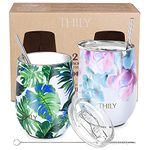 Vacuum Insulated Stemless Wine Tumbler - THILY 12 oz Stainless Steel Wine Glass with Lid and Straw, Keep Cold or Hot for Coffee, Cocktails, Christmas Birthday Gift, 2 Pack(Green Plants + Pink Lilies)