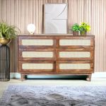 Kraft Bazaar Solid Wood Atalanta Chest of Drawer | Dresser with 6 Drawers | Wooden Chest of Darwers | Chest of Drawers with Cane/Rattan | Finish- Tubaq