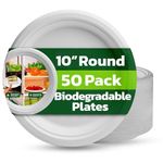 Ask Packaging Strong Paper Plates (10 Inch - 50 Pack) 100% Compostable Disposable Bagasse Plates - Heavy Duty Eco-Friendly Biodegradable Sugarcane Plate for Parties – Microwave & Freezer Safe