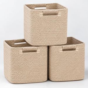 ARATEC 13 Inch Cube Storage Bins, 3 Pack Cotton Rope Woven Baskets for Organizing, Square Storage Baskets with Soft Cotton-rope Wrapped Handles for Shelves, Closet, Nursery,Toys, Clothes and Bathroom