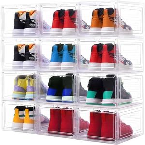 Yukui LLc 12 Pack Stackable Shoe Boxes Clear Plastic with Magnetic Door, Large Shoe Storage Organizer Container for Sneakers Heels, Mens Womens Display Case Organizer fits Size 12, Closet Organizer
