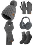 Niwicee 5 Pieces Winter Hat Scarf and Gloves Set,Touch Screen Gloves Beanie Hat Long Scarf Therma Socks Plush Ear Warmer Warming Outdoor Set Warm Women Winter Set(Dark Grey,One size)