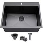 SHACO 25x22 Inch Black Drop In Kitchen Sink, 25 Inch Gunmetal Black RV Laundry Utility Sink, Top Mount 16 Gauge Stainless Steel Single Bowl Deep Small Kitchen Sink