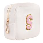 HBselect Preppy Initial Makeup Bag, Chenille Letter Patch Small Makeup Bag for Coin Purse, PU Leather Waterproof Cute Travel Toiletry Pouch, Mini Cosmetic Bags for Women Teen Girls Gift Pink White,