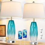 CNXIN 26" Touch Table Lamps Set of 2 for Bedrooms, 3 Way Dimmable Living Room End Table Lamps with Teal Blue Diamond Texture, Modern Glass Bedside Nightstand Lamps with USB C A Port, Bulbs Included