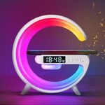 SUNJULY Led Wireless Charger Lamp,G Shaped Lamp Phone Charger Bluetooth Speaker with 10 Ambient Lighting Modes,G Lamp with Lights Dimmable Night Light and Alarm Clock Function for Home