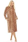 Camille Women's Super Soft Fleece Housecoat - Diamond Emboss Luxury Zip Up Bathrobe - Long Sleeved and Side Pockets Brown 14-16