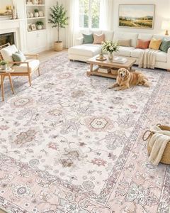 OLANLY 9x12 Washable Area Rug, Soft Non Slip Carpet for Bedroom Living Room | Pink Boho Vintage Floral Border Farmhouse Large Rug, Spill & Stain Resistant Low Pile, for Family Room Under Dining Table